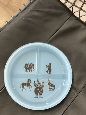 Vtg. Hazel Atlas light blue milk glass glass children’s divided plate featuring